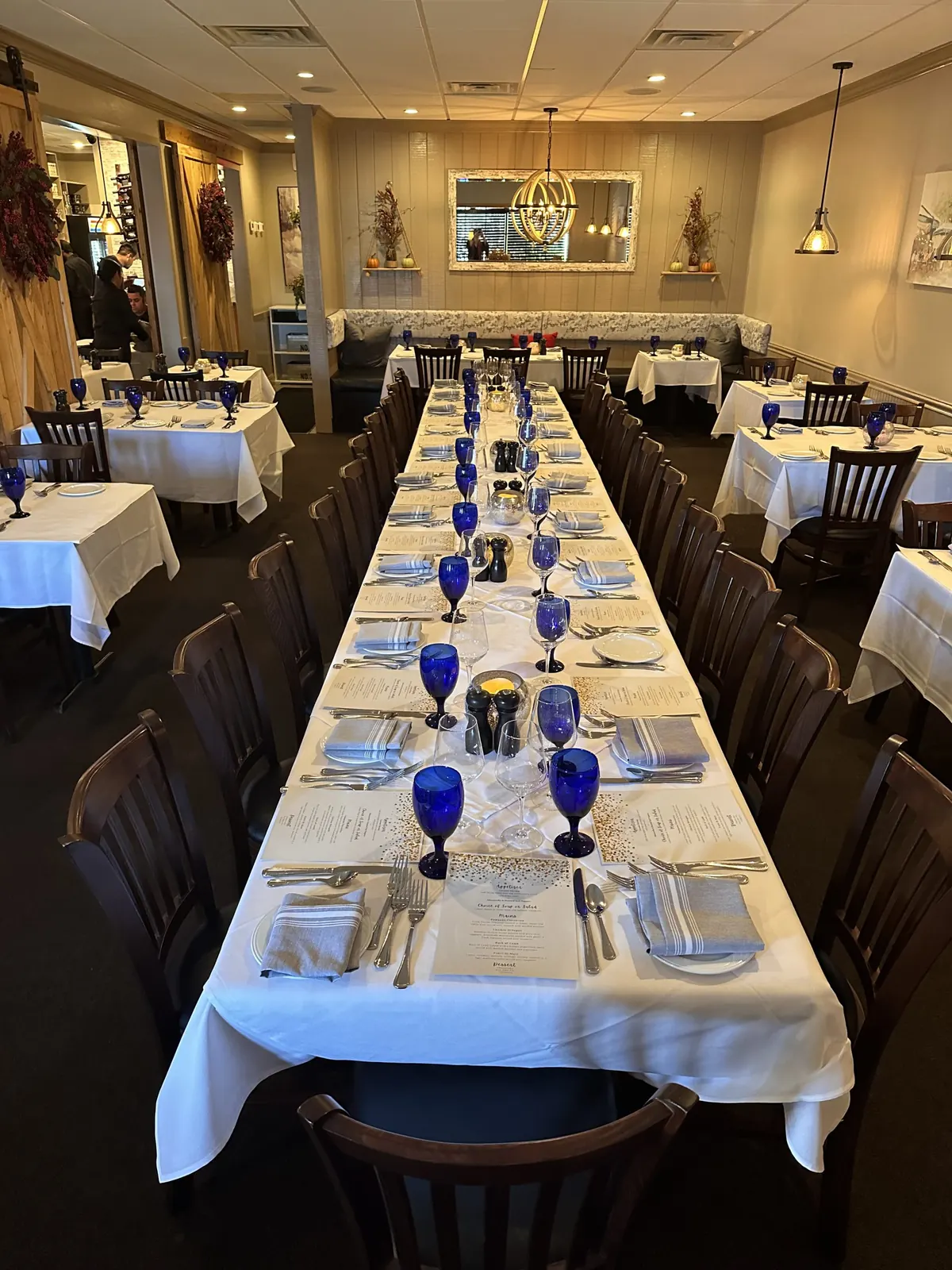 A long table set for a private party in the dining room